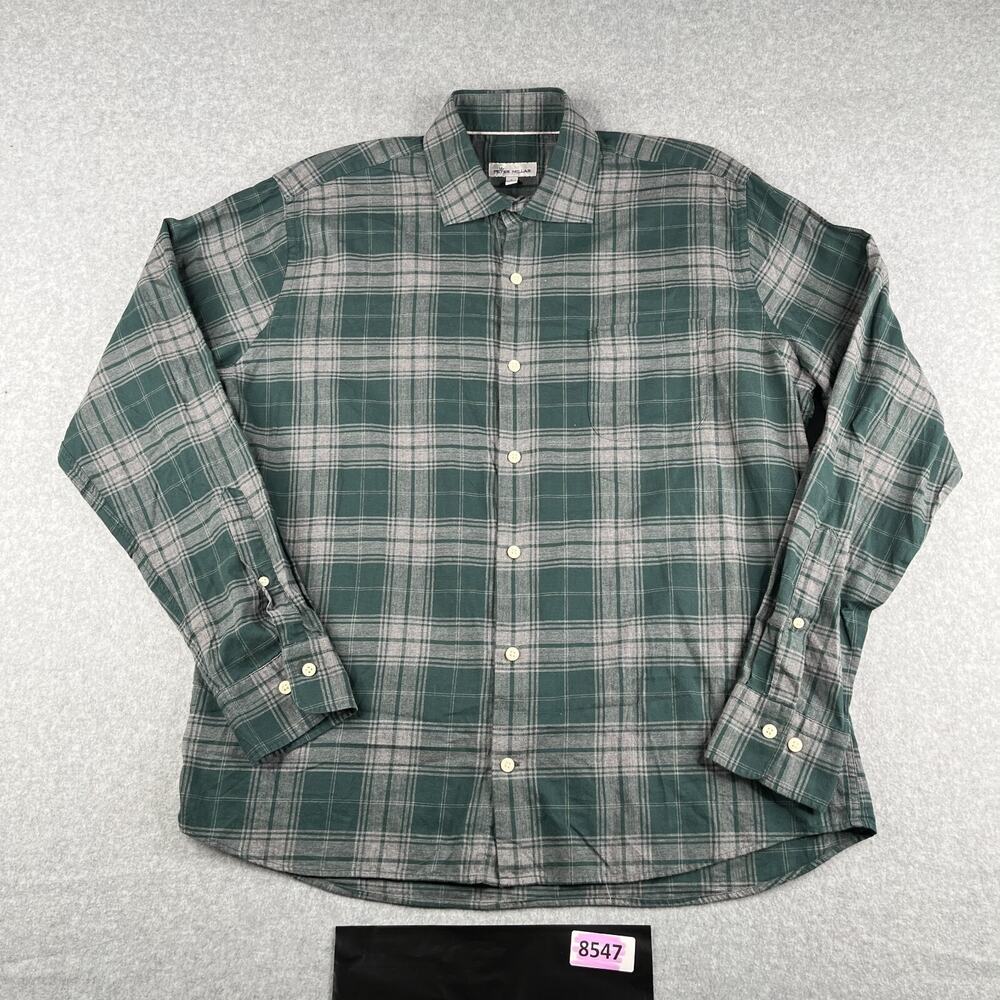 Peter Millar Shirt Large Green Gray Plaid Casual Button Up Long Sleeve Mens
